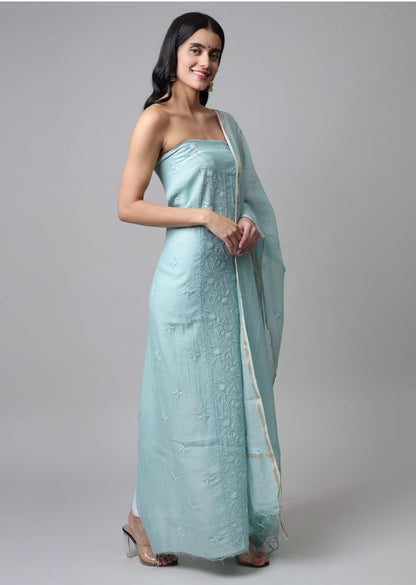 Firgun Mint Green Lucknowi Chikankari Mul Chanderi Unstitched Kurta & Dupatta Set