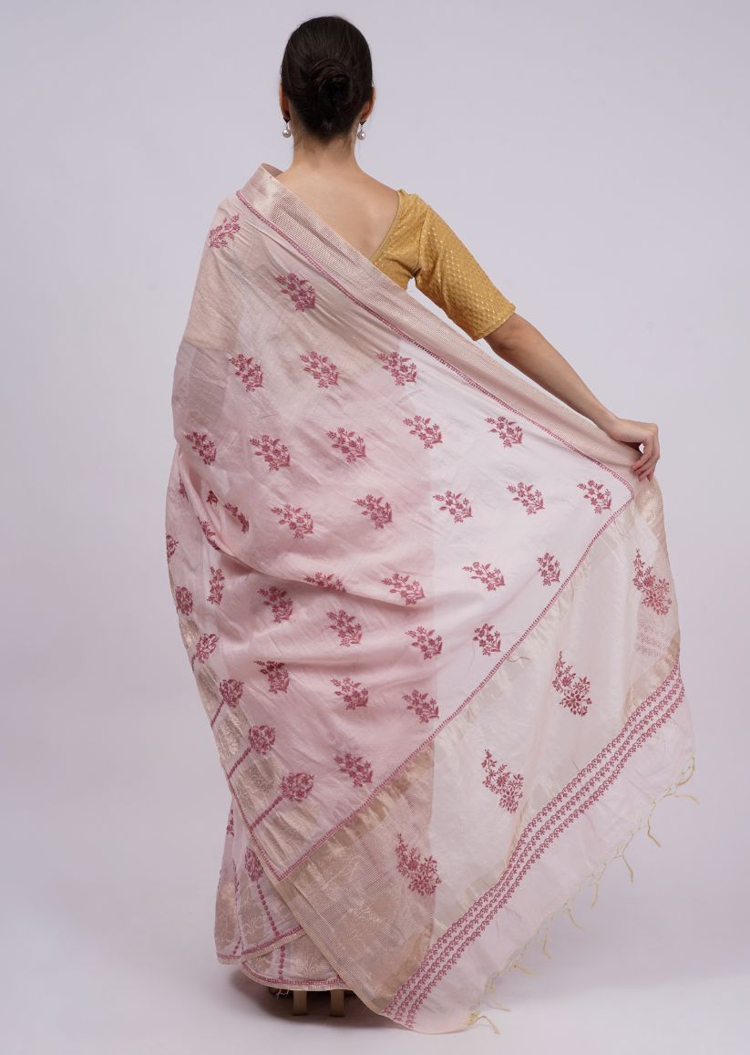 Firgun Pink Lucknowi Chikankari Chanderi Tissue Saree with Unstitched Blouse Piece