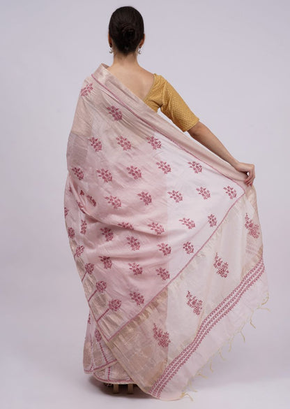Firgun Pink Lucknowi Chikankari Chanderi Tissue Saree with Unstitched Blouse Piece