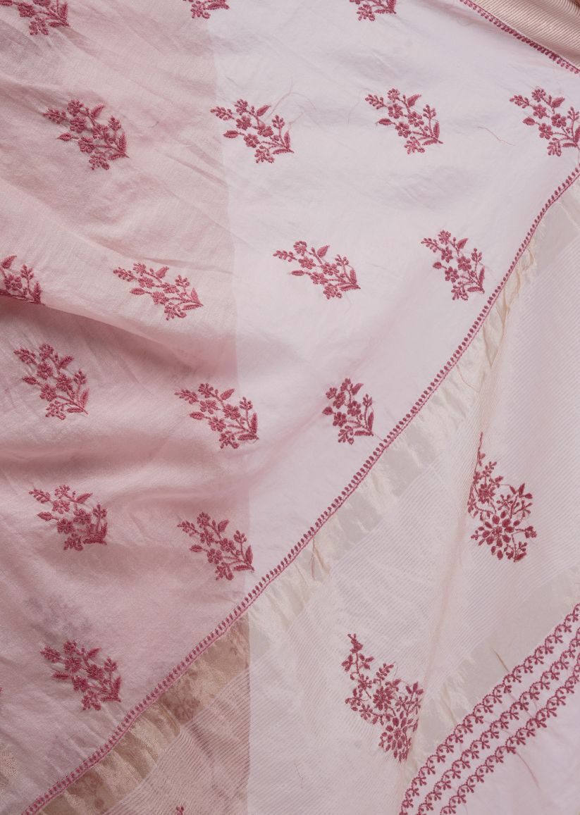 Firgun Pink Lucknowi Chikankari Chanderi Tissue Saree with Unstitched Blouse Piece