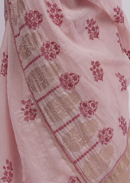 Firgun Pink Lucknowi Chikankari Chanderi Tissue Saree with Unstitched Blouse Piece