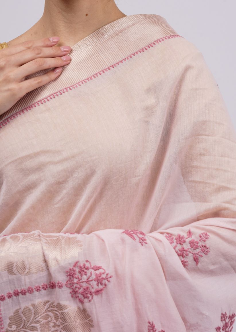 Firgun Pink Lucknowi Chikankari Chanderi Tissue Saree with Unstitched Blouse Piece