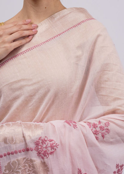 Firgun Pink Lucknowi Chikankari Chanderi Tissue Saree with Unstitched Blouse Piece