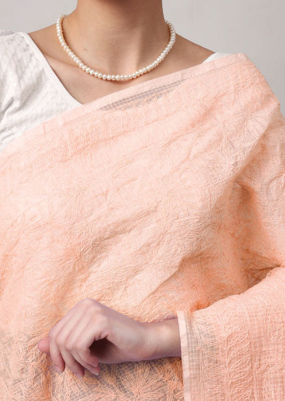 Firgun Hand Embroidered Peach Lucknowi Chikankari Kota Doria Tepchi Work Saree with Blouse Piece