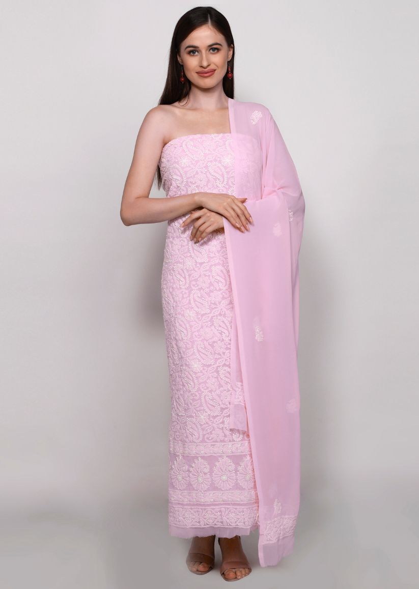 Firgun Hand Embroidered Blush Pink Lucknowi Chikankari Georgette Unstitched Suit Set