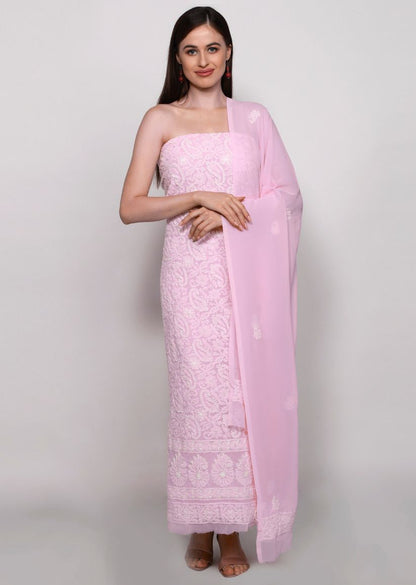 Firgun Hand Embroidered Blush Pink Lucknowi Chikankari Georgette Unstitched Suit Set