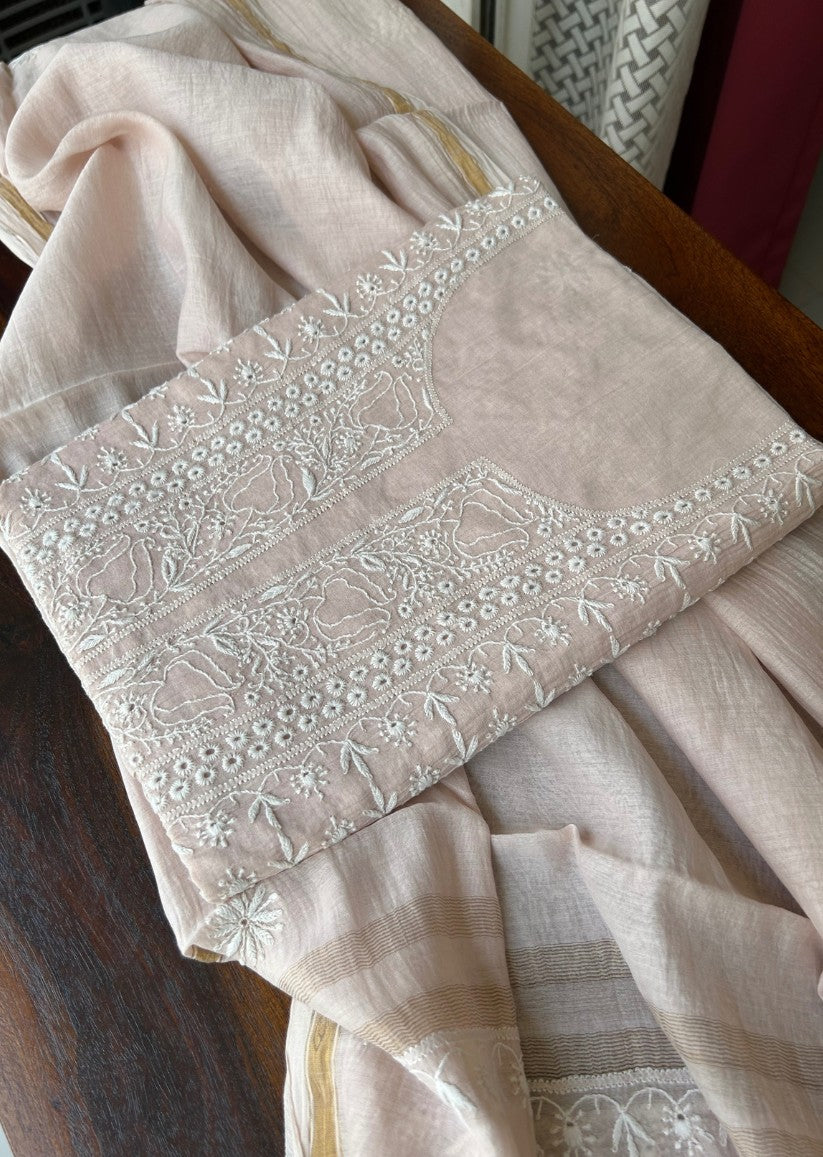 Firgun Dusty Beige Jaal Lucknowi Chikankari Mul Chanderi Unstitched Kurta & Dupatta Set