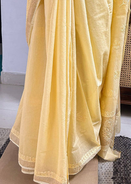Firgun Mustard Lucknowi Chikankari Mul Cotton Saree with Unstitched Blouse Piece