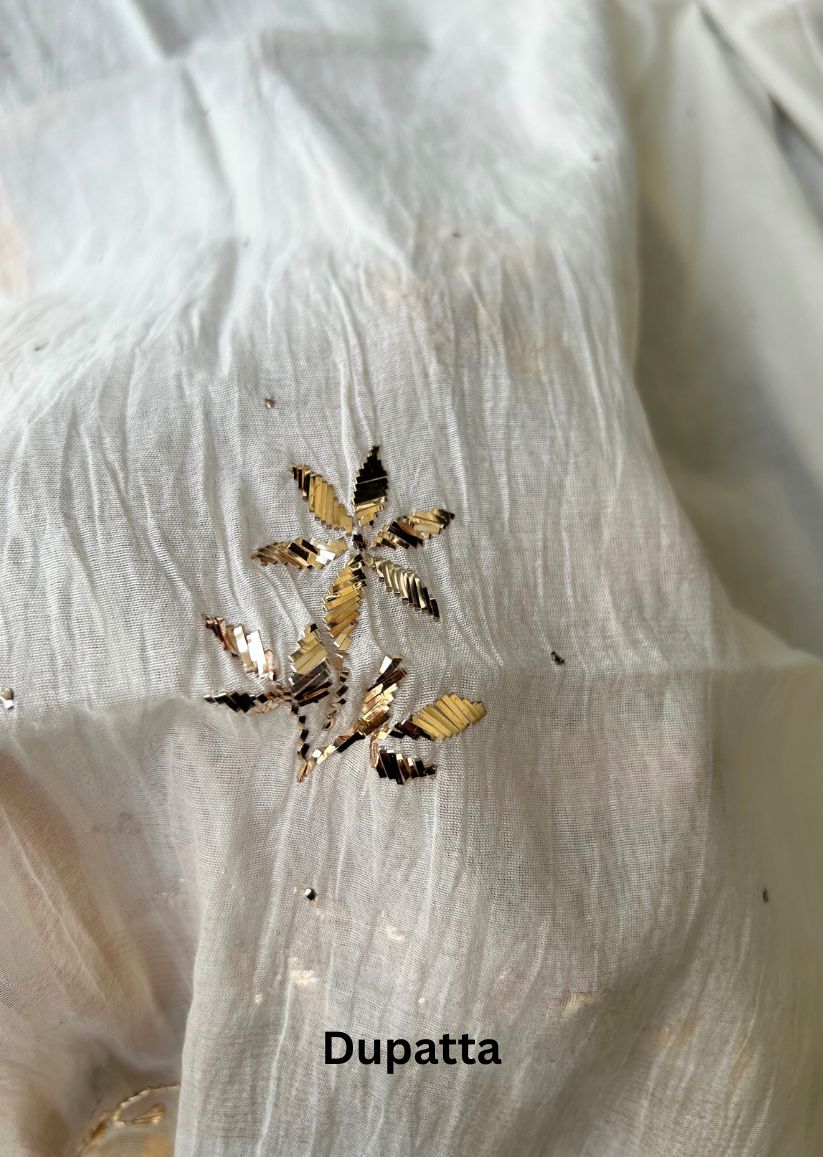 Firgun White Lucknowi Chikankari Mul Chanderi Semi-stitched Anarkali & Dupatta Set