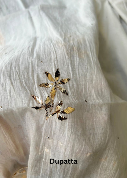 Firgun White Lucknowi Chikankari Mul Chanderi Semi-stitched Anarkali & Dupatta Set