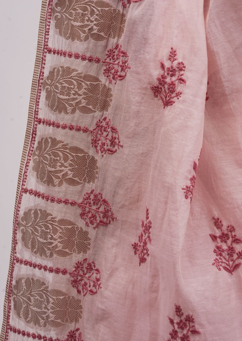 Firgun Pink Lucknowi Chikankari Chanderi Tissue Saree with Unstitched Blouse Piece