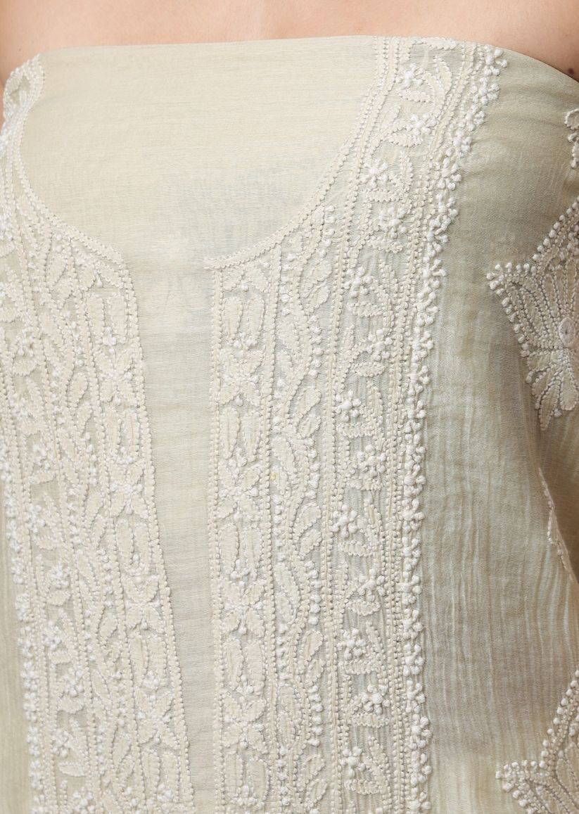 Firgun Mehendi Green Lucknowi Chikankari Mul Cotton Unstitched Kurta & Dupatta Set