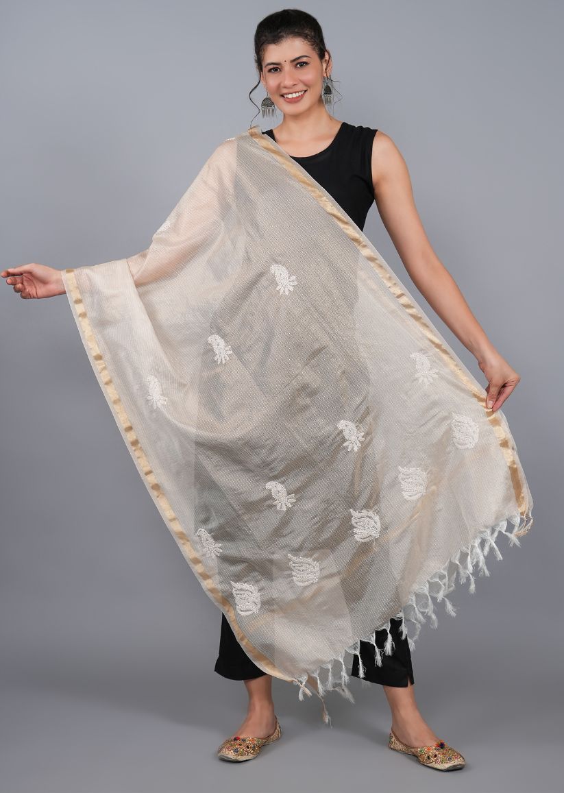 Firgun Gold Tissue Kota Doria Lucknowi Chikankari Dupatta