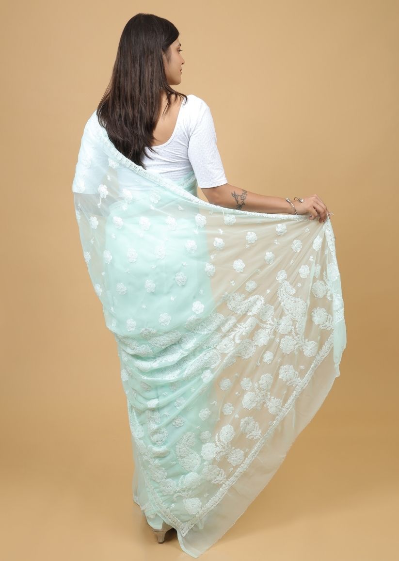 Firgun Mint Green Lucknowi Chikankari Georgette Saree with Unstitched Blouse Piece
