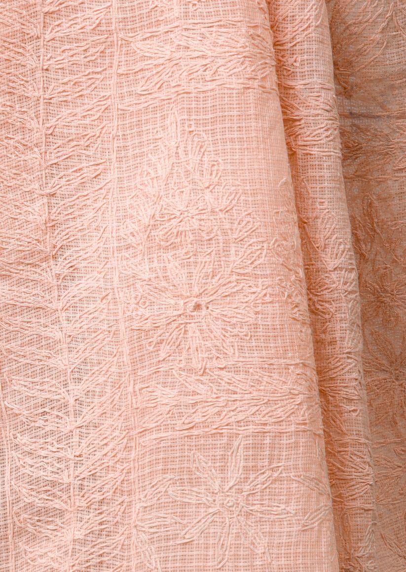 Firgun Hand Embroidered Peach Lucknowi Chikankari Kota Doria Tepchi Work Saree with Blouse Piece