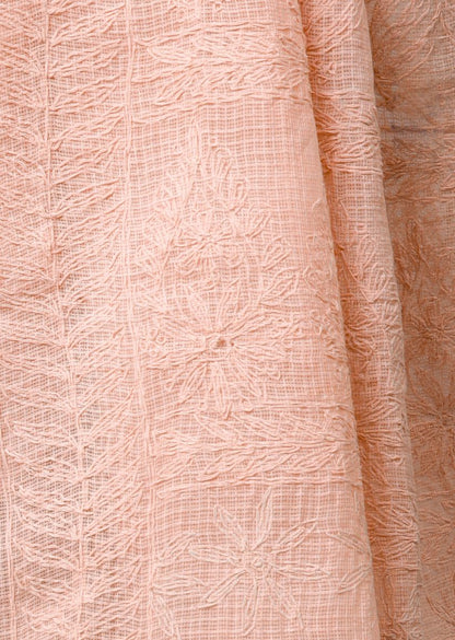 Firgun Hand Embroidered Peach Lucknowi Chikankari Kota Doria Tepchi Work Saree with Blouse Piece