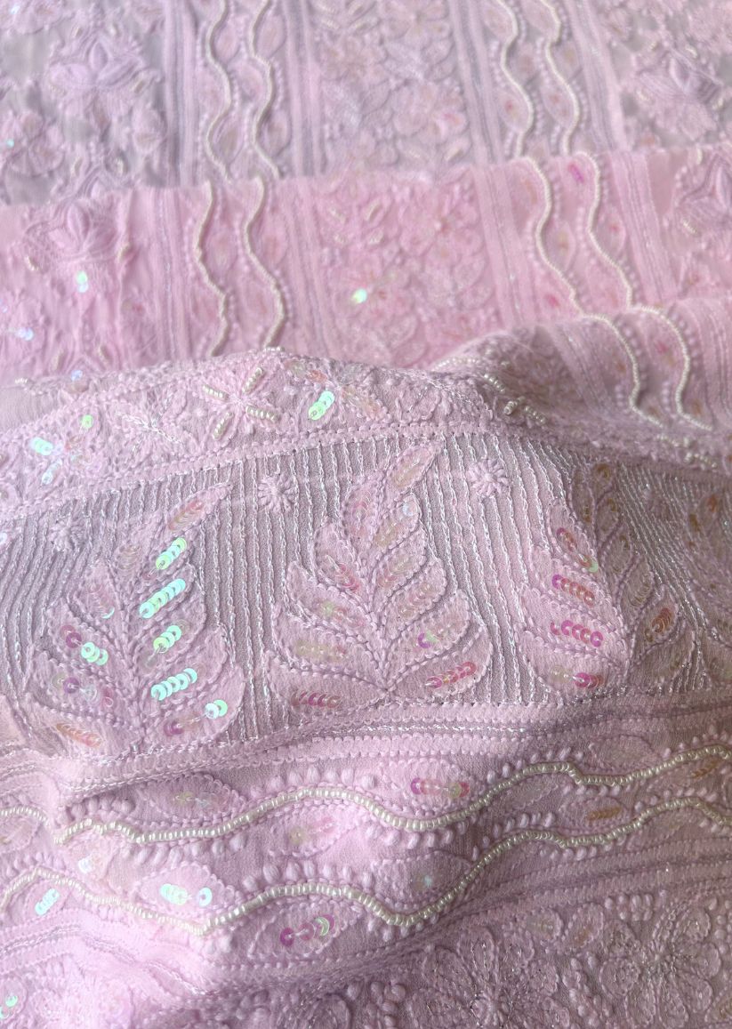 Firgun Baby Pink Lucknowi Chikankari Viscose Georgette Unstitched Kurta & Dupatta Set