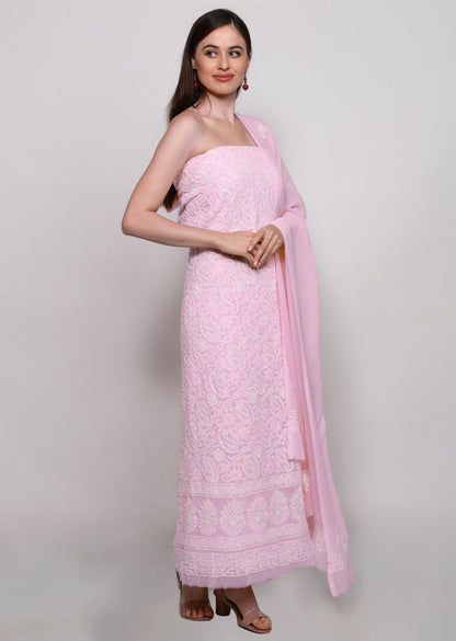 Firgun Hand Embroidered Blush Pink Lucknowi Chikankari Georgette Unstitched Suit Set