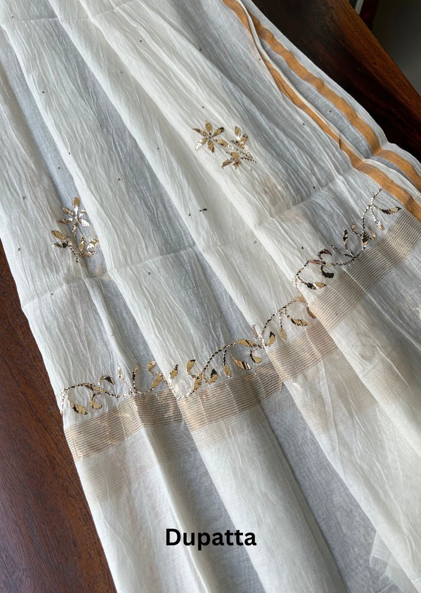 Firgun White Lucknowi Chikankari Mul Chanderi Semi-stitched Anarkali & Dupatta Set