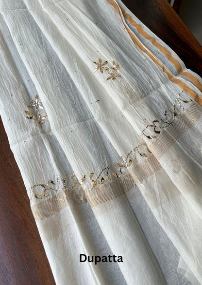 Firgun White Lucknowi Chikankari Mul Chanderi Semi-stitched Anarkali & Dupatta Set