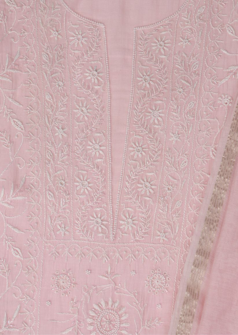Firgun Baby Pink Lucknowi Chikankari & Pearl Work Mul Chanderi Unstitched Kurta & Dupatta Set