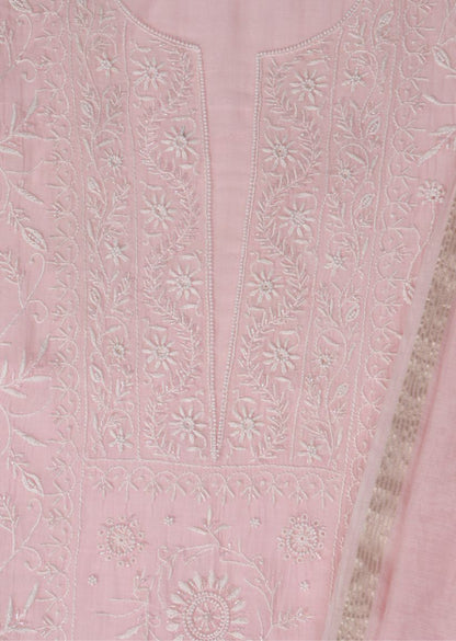 Firgun Baby Pink Lucknowi Chikankari & Pearl Work Mul Chanderi Unstitched Kurta & Dupatta Set