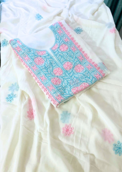 Firgun White Multi Colour Lucknowi Chikankari & Mukaish Work Viscose Georgette Unstitched Kurta & Dupatta Set