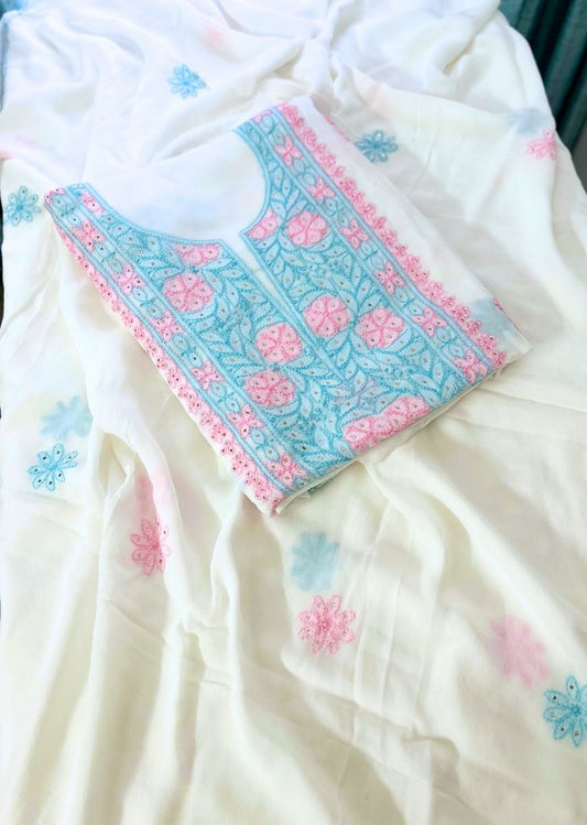 Firgun White Multi Colour Lucknowi Chikankari & Mukaish Work Viscose Georgette Unstitched Kurta & Dupatta Set