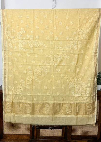 Firgun Mustard Lucknowi Chikankari Mul Cotton Saree with Unstitched Blouse Piece