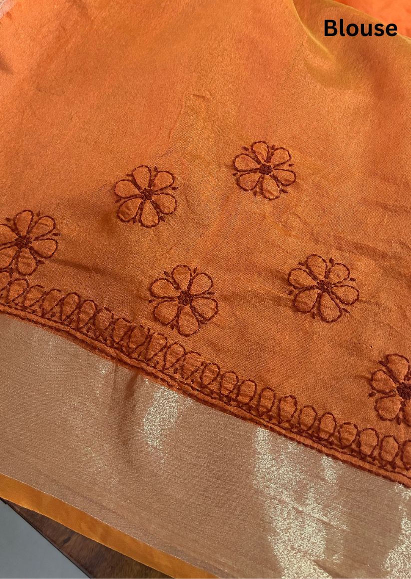 Firgun Tangerine Lucknowi Chikankari Chanderi Saree with Unstitched Blouse Piece