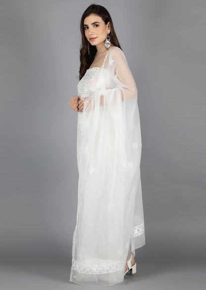 Firgun White Dyeable Lucknowi Chikankari Organza Unstitched Kurta & Dupatta Set