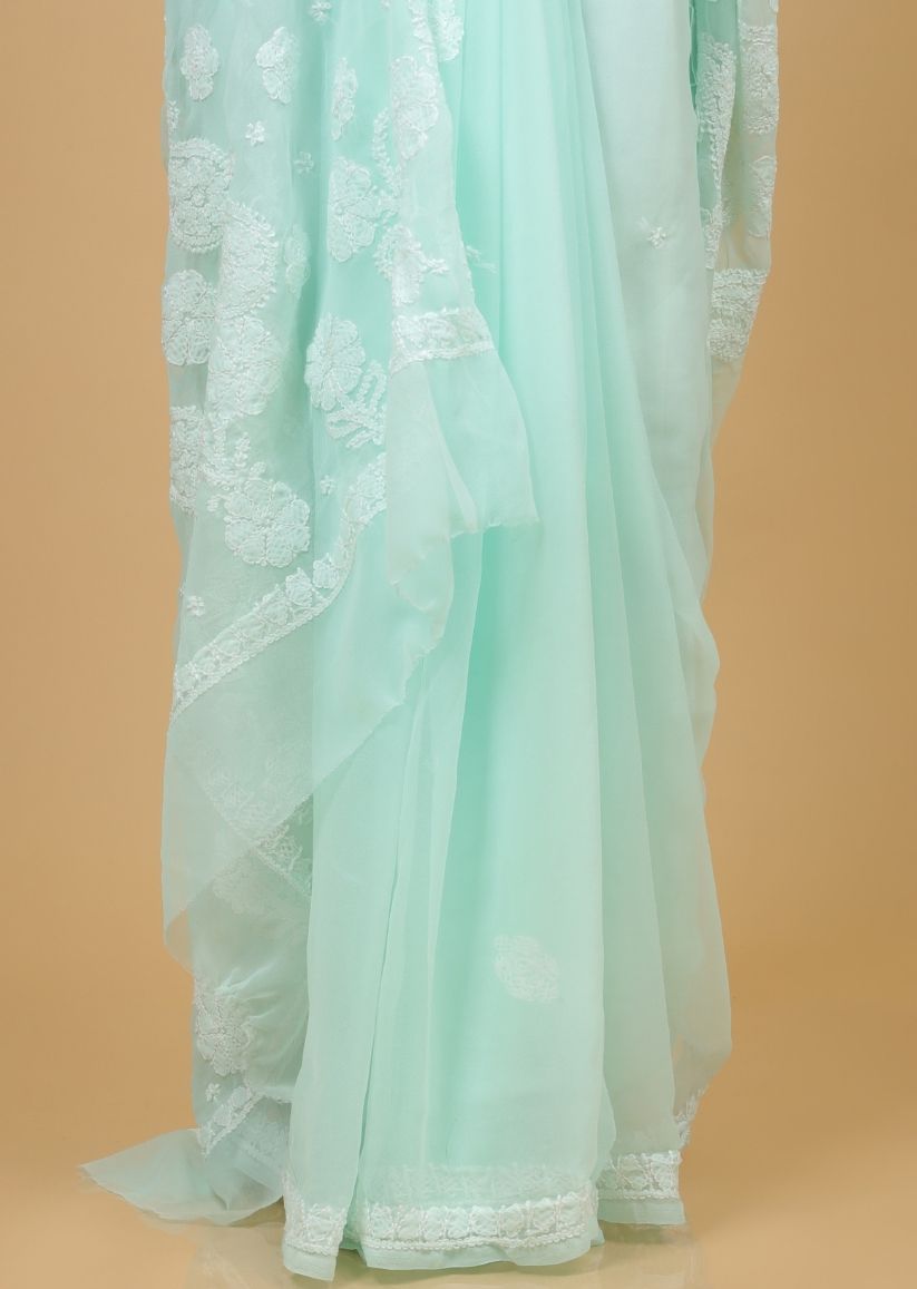 Firgun Mint Green Lucknowi Chikankari Georgette Saree with Unstitched Blouse Piece