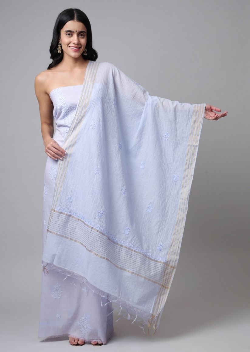 Firgun Powder Blue Lucknowi Chikankari Mul Chanderi Unstitched Kurta & Dupatta Set