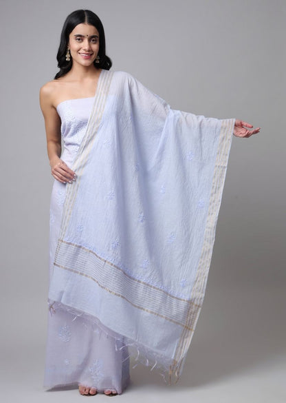 Firgun Powder Blue Lucknowi Chikankari Mul Chanderi Unstitched Kurta & Dupatta Set