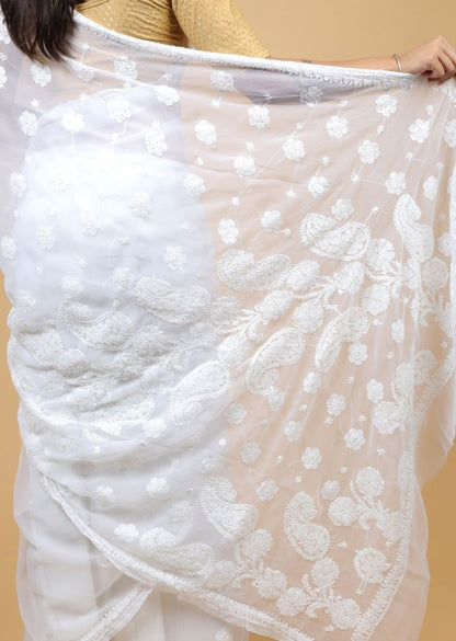 Firgun White Lucknowi Chikankari Georgette Saree with Unstitched Blouse Piece