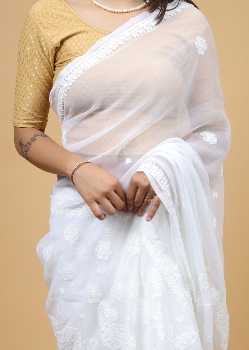 Firgun White Lucknowi Chikankari Georgette Saree with Unstitched Blouse Piece