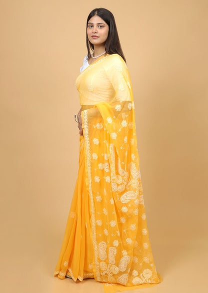 Firgun Amber Yellow Lucknowi Chikankari Georgette Saree