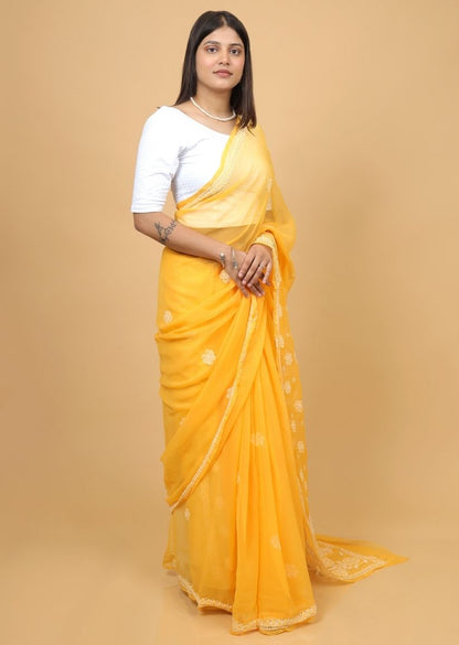 Firgun Amber Yellow Lucknowi Chikankari Georgette Saree