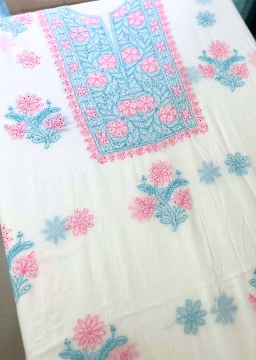 Firgun White Multi Colour Lucknowi Chikankari & Mukaish Work Viscose Georgette Unstitched Kurta & Dupatta Set