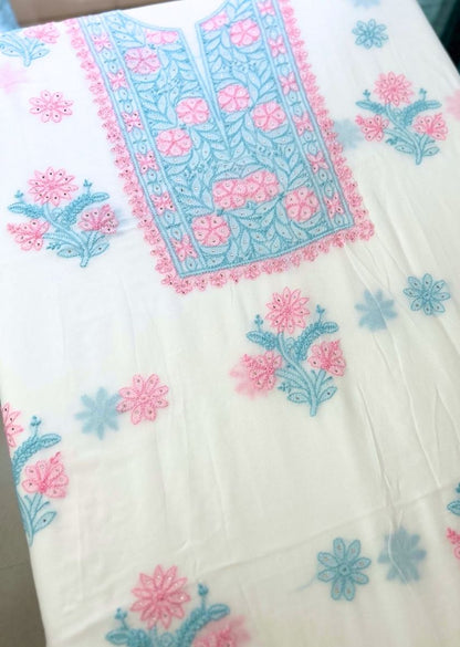 Firgun White Multi Colour Lucknowi Chikankari & Mukaish Work Viscose Georgette Unstitched Kurta & Dupatta Set