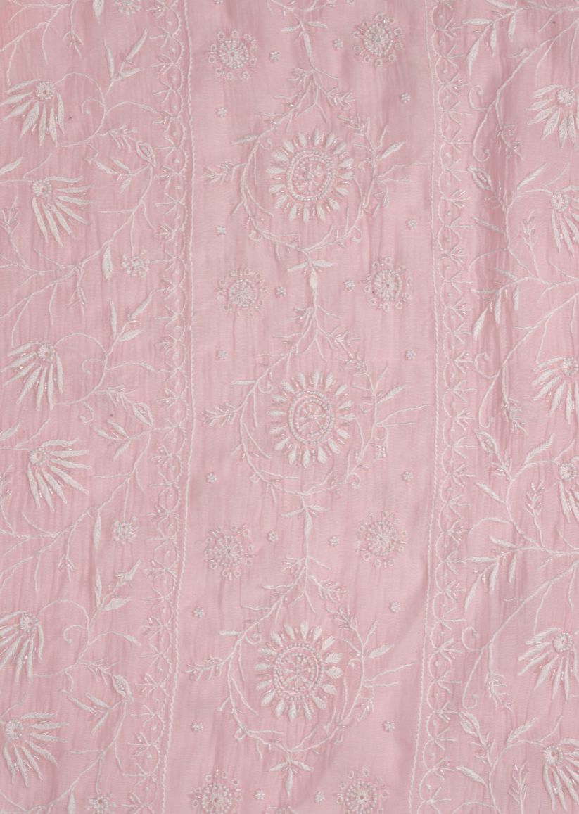 Firgun Baby Pink Lucknowi Chikankari & Pearl Work Mul Chanderi Unstitched Kurta & Dupatta Set