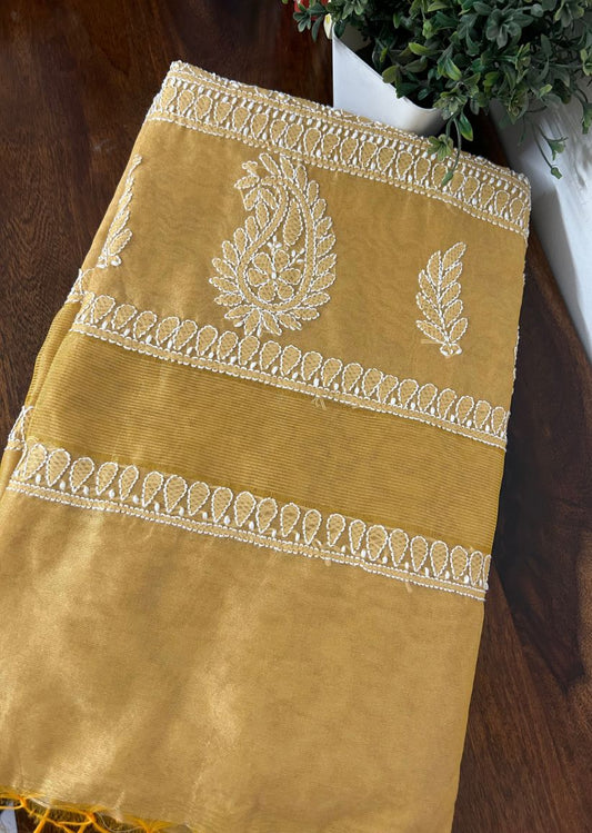 Firgun Beige Lucknowi Chikankari Chanderi Saree with Unstitched Blouse Piece