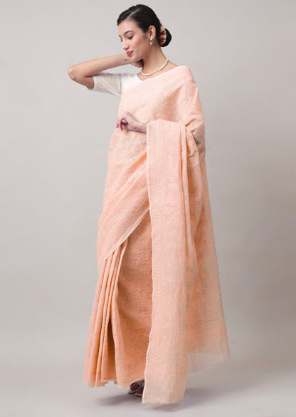 Firgun Hand Embroidered Peach Lucknowi Chikankari Kota Doria Tepchi Work Saree with Blouse Piece