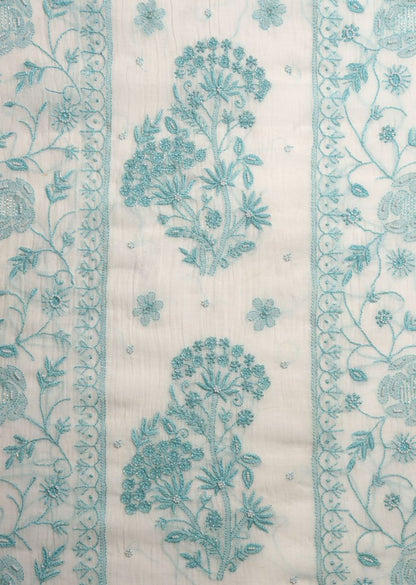 Firgun White & Turquoise Lucknowi Chikankari Mul Chanderi Unstitched Kurta & Dupatta Set
