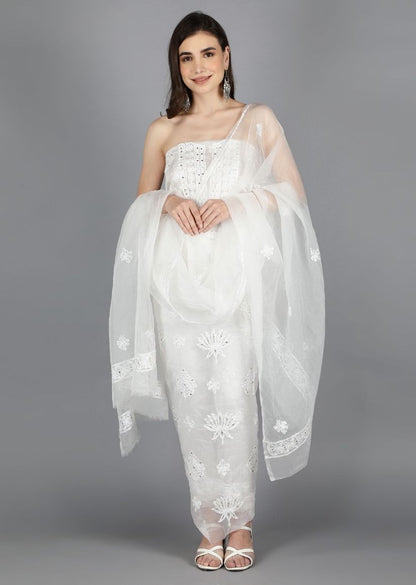 Firgun White Dyeable Lucknowi Chikankari Organza Unstitched Kurta & Dupatta Set