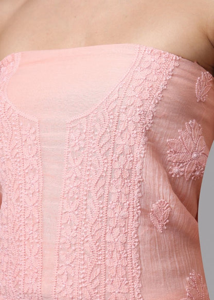 Firgun Peach Lucknowi Chikankari Mul Chanderi Unstitched Kurta & Dupatta Set
