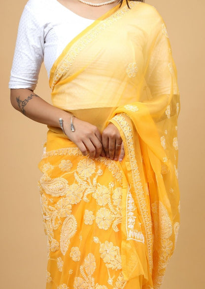 Firgun Amber Yellow Lucknowi Chikankari Georgette Saree