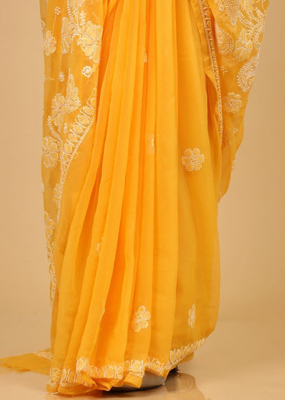 Firgun Amber Yellow Lucknowi Chikankari Georgette Saree