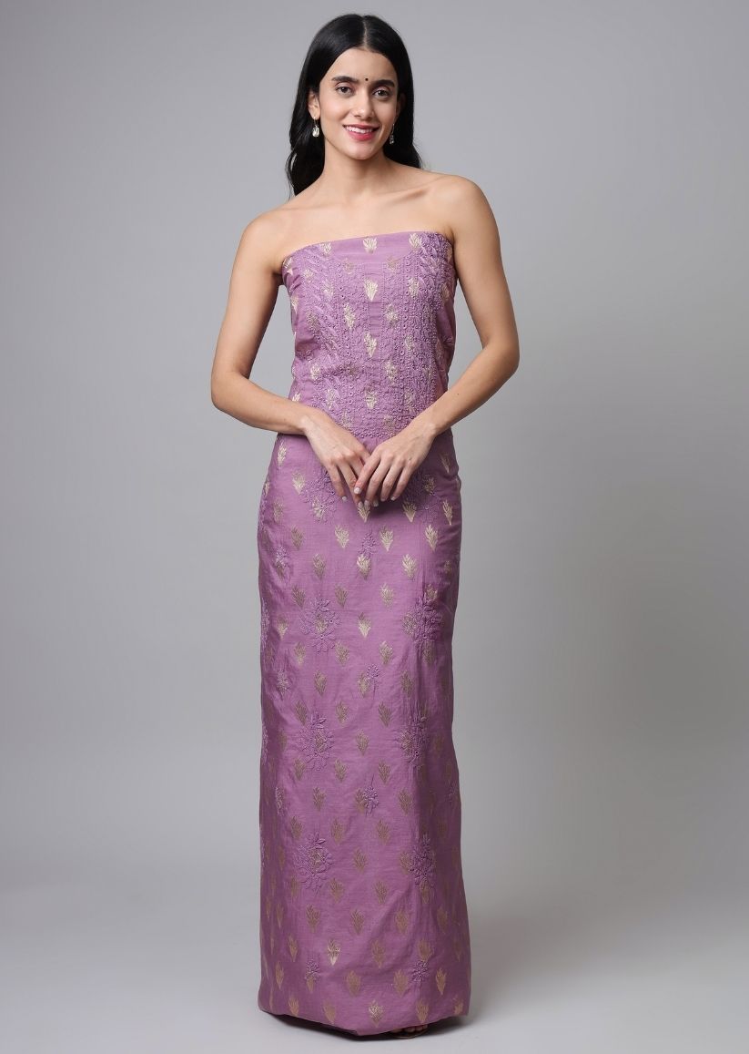 Firgun Wine Lucknowi Chikankari Chanderi Unstitched Kurta & Dupatta Set