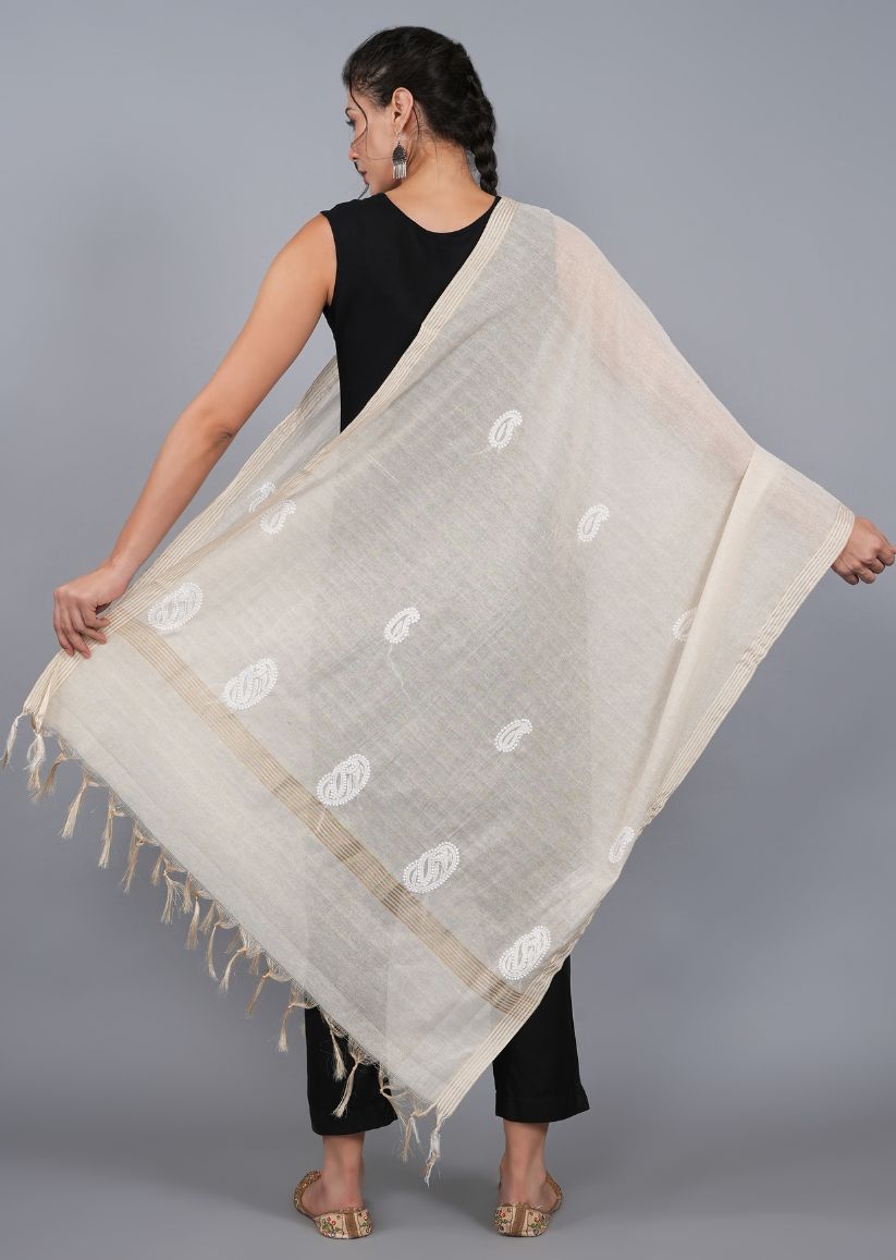 Firgun Beige Lucknowi Chikankari Tissue Dupatta
